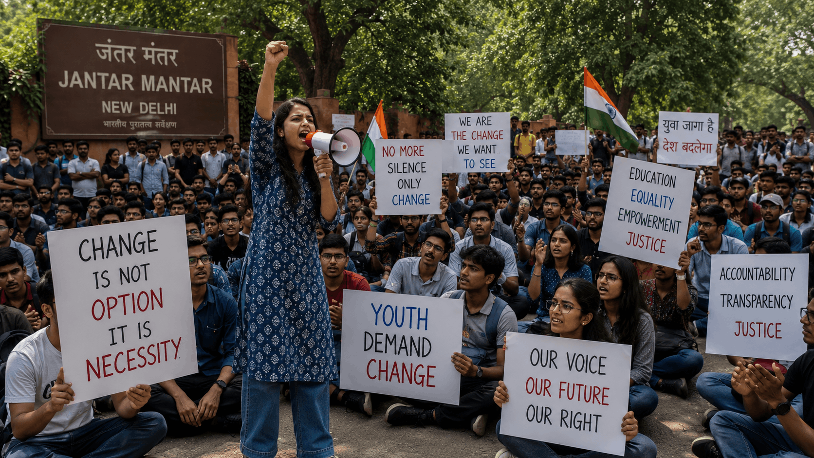 A wide-angle 4K image of the Cockroach Janta Party protest at Jantar Mantar, New Delhi, showing a large gathering of students and young protesters holding placards demanding transparency, justice, accountability, and educational reforms. A young woman addresses the crowd with a megaphone while demonstrators raise their voices and Indian flags in a peaceful public protest, highlighting the growing youth movement calling for change.