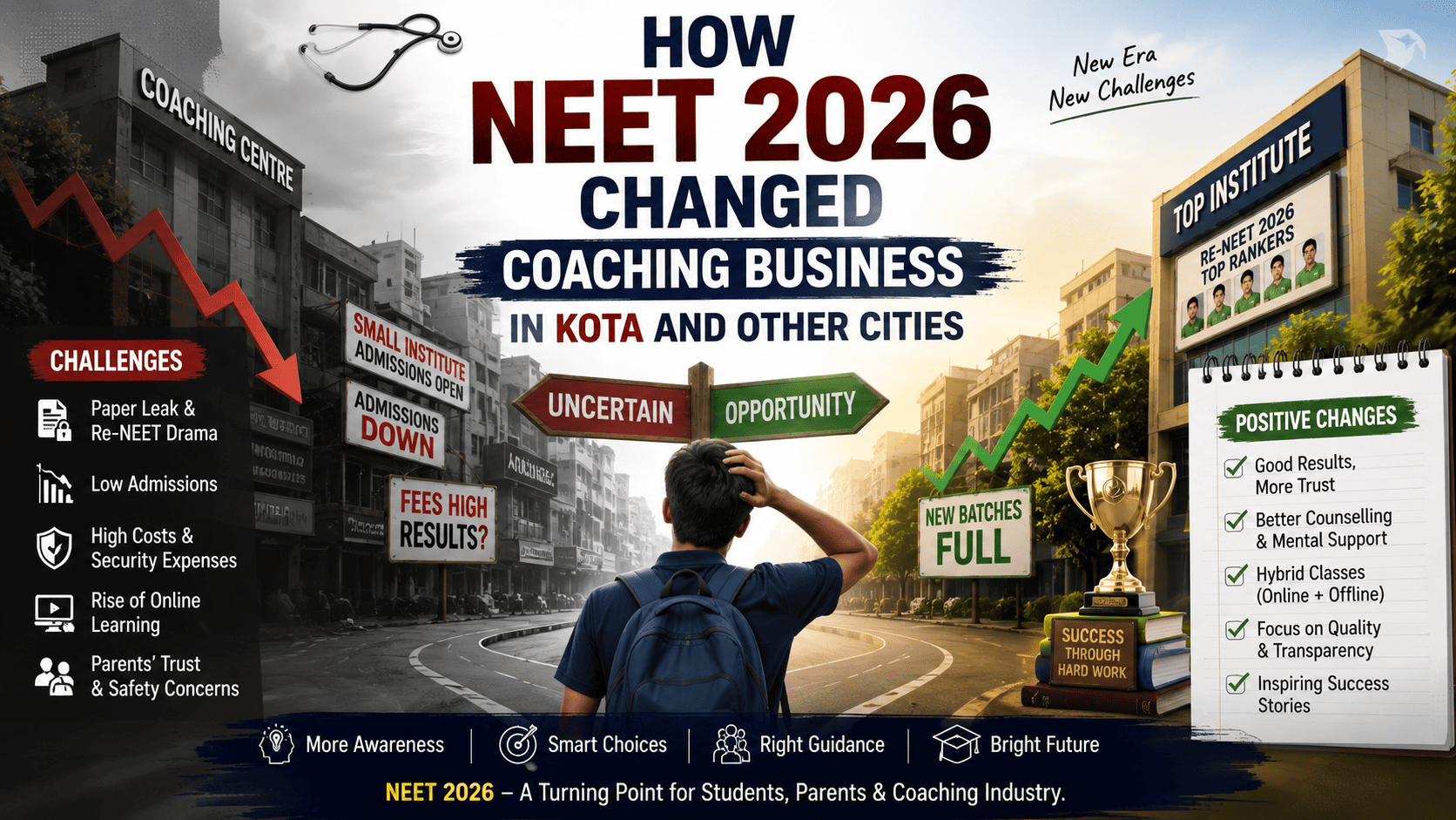 NEET 2026 coaching business impact infographic showing how the NEET 2026 exam affected coaching institutes in Kota and other cities, highlighting lower admissions, paper leak concerns, the rise of online learning, higher security costs, hybrid education, improved counselling, and changing trends in the coaching industry.
