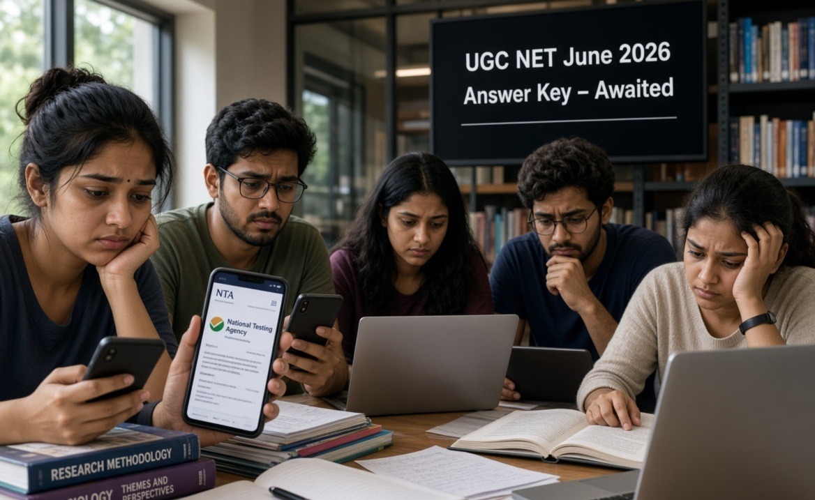 Group of young Indian students sitting around a table in a library, looking worried and anxious while checking their smartphones and laptops. One phone clearly shows the NTA (National Testing Agency) website. A large digital screen in the background displays the text “UGC NET June 2026 Answer Key – Awaited”. Books, notebooks and papers are scattered on the table.