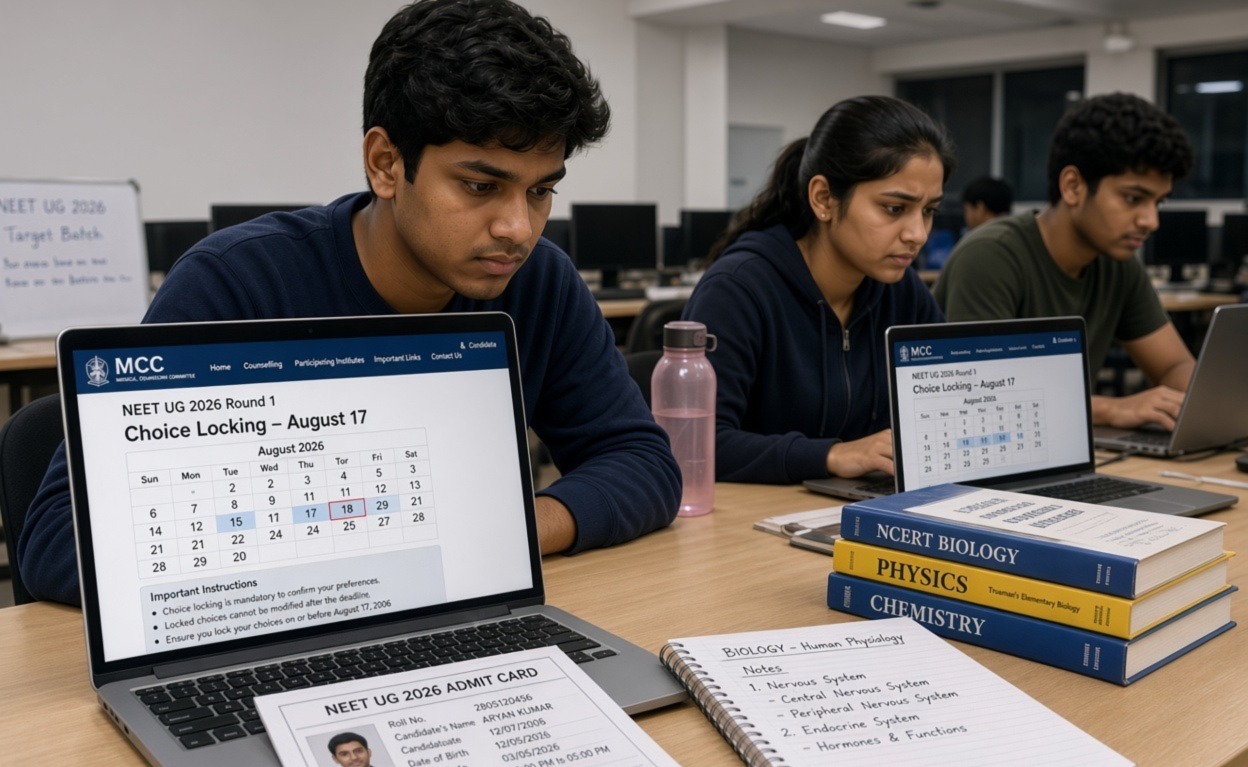 Young Indian medical aspirants sitting in a computer lab, focused on laptop screens displaying the MCC NEET UG 2026 Round 1 counselling portal with choice locking date highlighted as August 17. One student in the foreground has an open laptop showing the calendar and important instructions, along with a printed NEET UG 2026 admit card and a notebook with biology notes. Stacks of NCERT Biology, Physics and Chemistry books are on the desk. Other students are also working on their laptops in the background. Clean classroom setting with no posters on the wall.