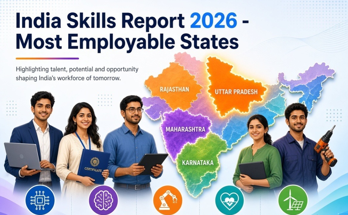 A colorful illustrated map of India highlighting Uttar Pradesh, Maharashtra, Karnataka and other states, with five young Indian professionals standing in front holding laptops, certificates, tablets and tools. The image has the title "India Skills Report 2026 - Most Employable States" and icons representing Technology, AI, Manufacturing, Healthcare and Renewable Energy at the bottom.