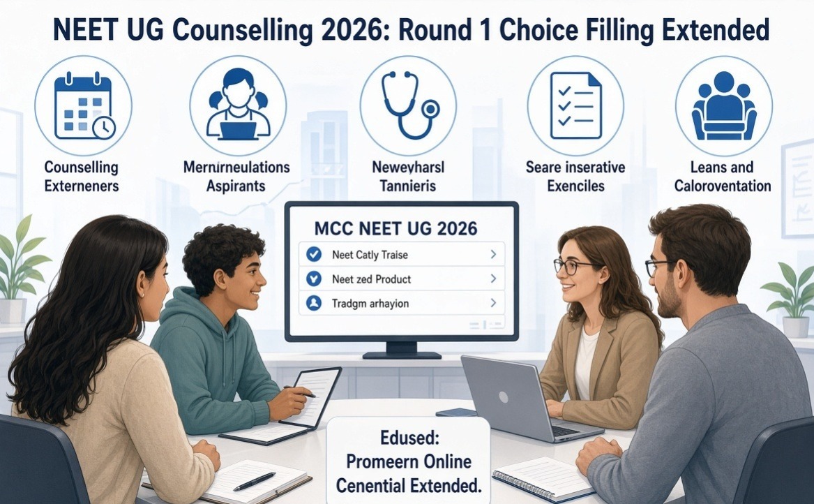 Illustration of four young Indian students sitting around a table with laptops and notebooks, looking at a large screen displaying "MCC NEET UG 2026" counselling options. The image has the title "NEET UG Counselling 2026: Round 1 Choice Filling Extended" at the top, along with icons related to counselling, medical aspirants, and seat allotment.