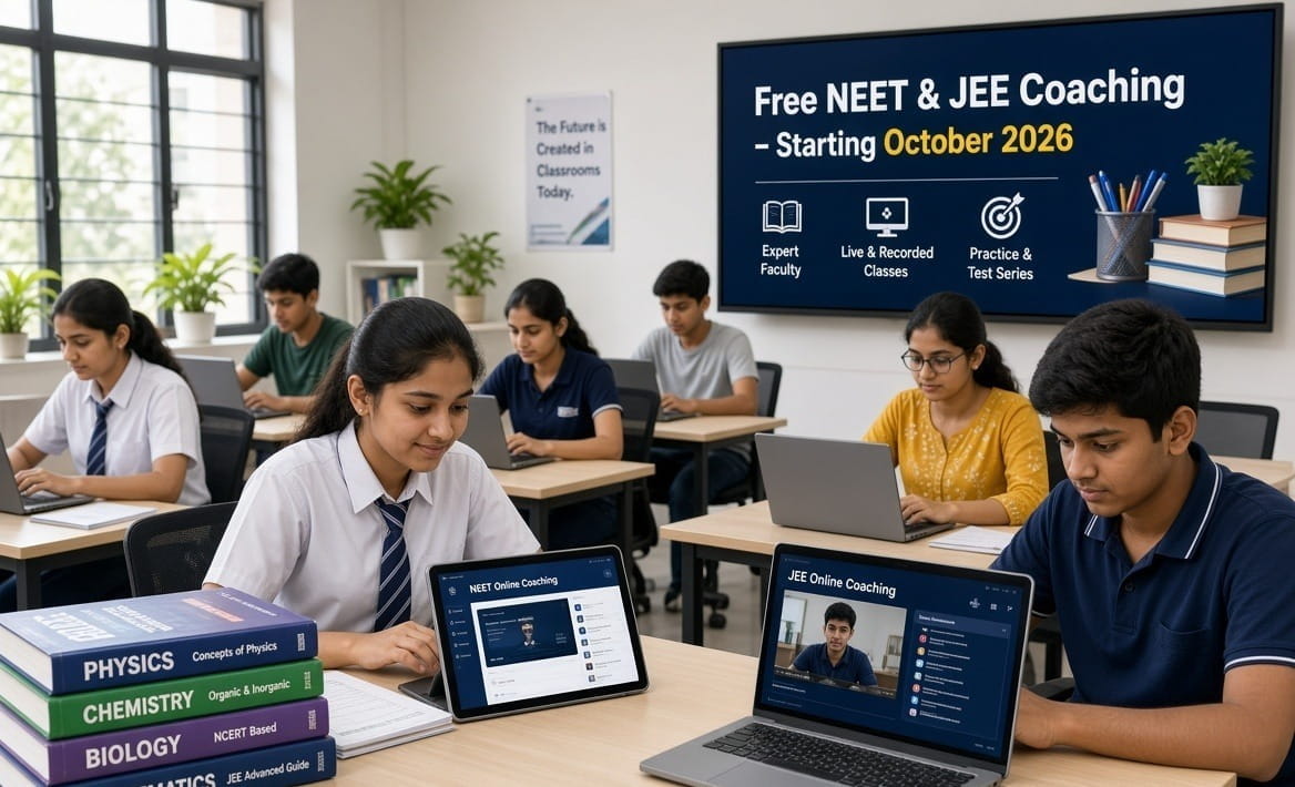 Young Indian students sitting in a bright modern classroom, focused on laptops and tablets showing online NEET and JEE coaching platforms. In the foreground, a girl in school uniform uses a tablet with “NEET Online Coaching” open, while a boy next to her watches a live JEE class on his laptop. A large digital screen on the wall displays “Free NEET & JEE Coaching – Starting October 2026” along with icons for expert faculty, live & recorded classes, and practice tests. Stacks of Physics, Chemistry, Biology and Mathematics books are on the desk. Other students are studying on computers in the background.