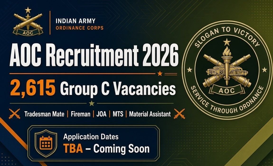 Official recruitment banner for AOC Recruitment 2026 featuring the Indian Army Ordnance Corps emblem with crossed cannons, bold text “AOC Recruitment 2026”, “2,615 Group C Vacancies”, list of posts (Tradesman Mate, Fireman, JOA, MTS, Material Assistant), and “Application Dates TBA – Coming Soon” on a dark olive-green and navy military-style background with gold accents.