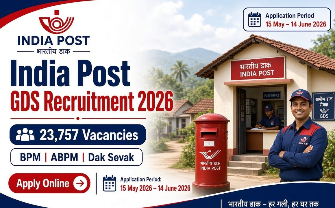 India Post GDS Recruitment 2026 banner showing the India Post logo and bold text “India Post GDS Recruitment 2026” with “23,757 Vacancies” for BPM, ABPM and Dak Sevak posts, an “Apply Online” button, and a realistic rural Indian post office scene featuring a red letterbox and a smiling postal worker in uniform standing outside the branch.