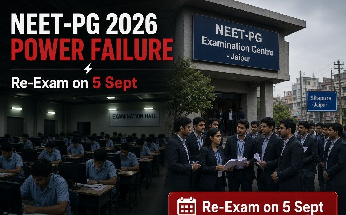 NEET-PG 2026 Power Failure: Split scene showing a dimly lit examination hall with students at computer desks on the left and a group of concerned candidates in formal attire standing outside the NEET-PG Examination Centre in Jaipur’s Sitapura area on the right, with bold text overlays announcing the power failure and re-exam on 5 September.