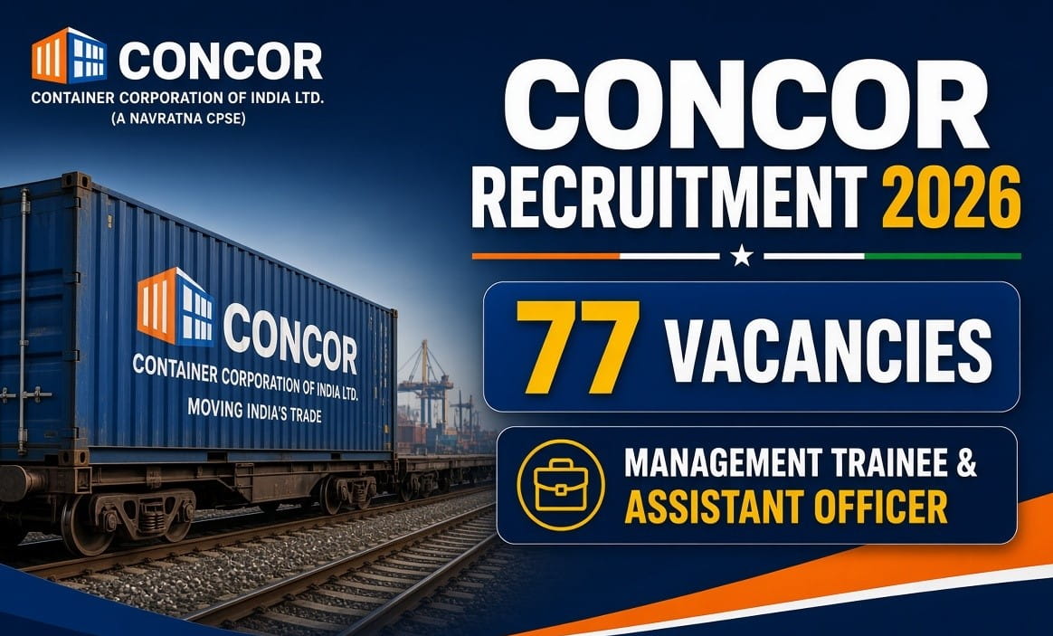 CONCOR Recruitment 2026 banner showing a blue CONCOR shipping container on a railway flatcar, with bold text announcing 77 vacancies for Management Trainee and Assistant Officer posts.