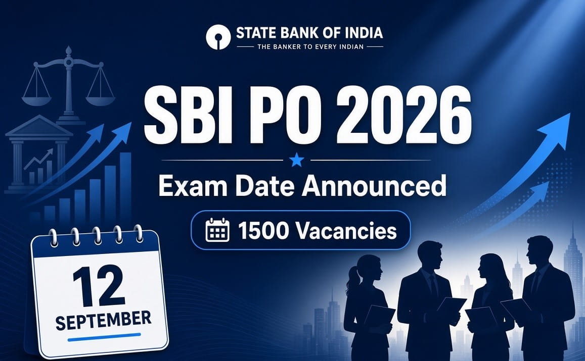 SBI PO 2026 exam date announced – professional blue graphic with State Bank of India logo, large “SBI PO 2026” text, calendar marked 12 September, 1500 vacancies badge, growth arrows, and silhouettes of young professionals.