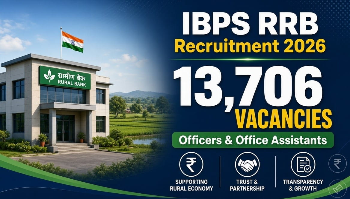 IBPS RRB Recruitment 2026 banner showing a rural bank building with Indian flag and green fields, bold text announcing 13,706 vacancies for Officers and Office Assistants in Regional Rural Banks.