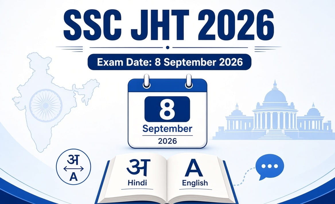 SSC JHT 2026 exam announcement graphic showing the date 8 September 2026, with a calendar icon, open book displaying Hindi and English letters, Indian map outline, and government building silhouette in a blue and white design.