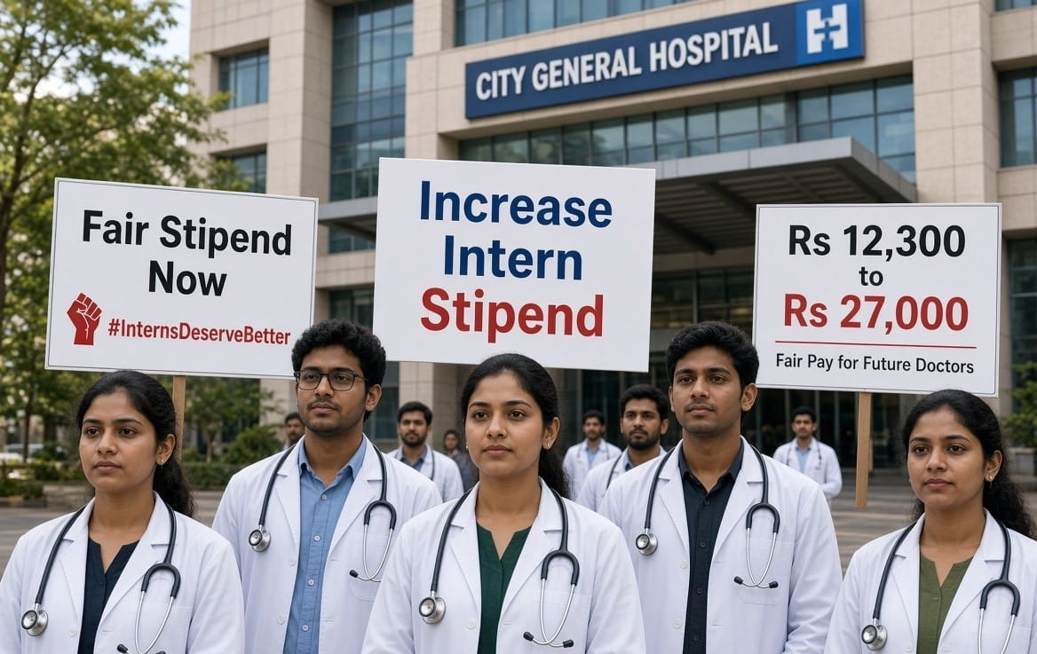 Group of young Indian medical interns in white coats with stethoscopes standing outside a hospital holding protest placards that read “Fair Stipend Now”, “Increase Intern Stipend” and “Rs 12,300 to Rs 27,000”. The image shows both male and female doctors demanding better pay.