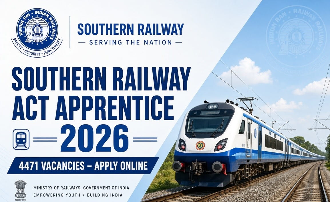 Southern Railway Act Apprentice Recruitment 2026 banner featuring a modern blue and white train on railway tracks with bold text announcing 4471 vacancies and apply online, along with Indian Railways and Ministry of Railways branding.