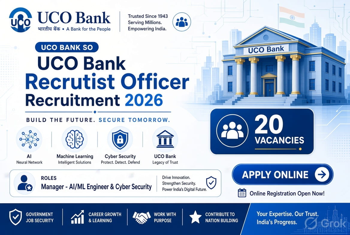 UCO Bank Specialist Officer Recruitment 2026 promotional banner showing bank building, 20 vacancies badge, AI neural network, machine learning, and cyber security icons, with Apply Online button for Manager AI/ML Engineer and Cyber Security posts.
