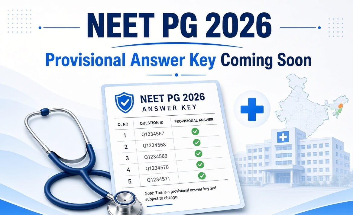 NEET PG 2026 provisional answer key announcement graphic showing an answer key document with green checkmarks, a stethoscope, medical cross symbol, hospital building, and Indian map outline in a blue and white design.