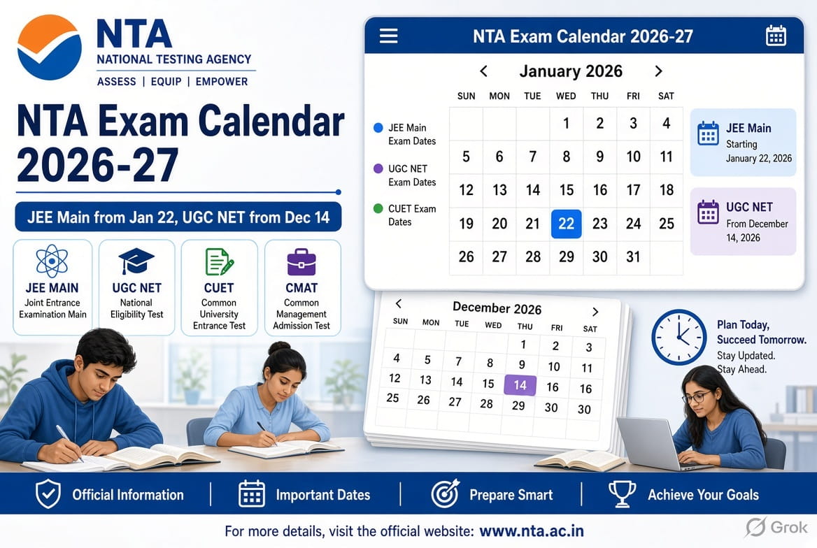 Professional illustration of NTA Exam Calendar 2026-27 showing digital calendar pages for January and December with highlighted dates for JEE Main and UGC NET. Three young Indian students are studying with books and a laptop. The image includes NTA logo and icons for JEE Main, UGC NET, CUET and CMAT exams.